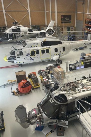 Hangar in Bern der Lions Air Maintenance mit Super Puma AS 332,